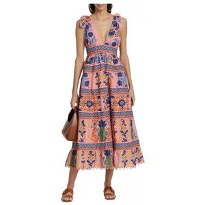 Farm Rio Seashell Tapestry Pink Tiered Midi Dress size XS